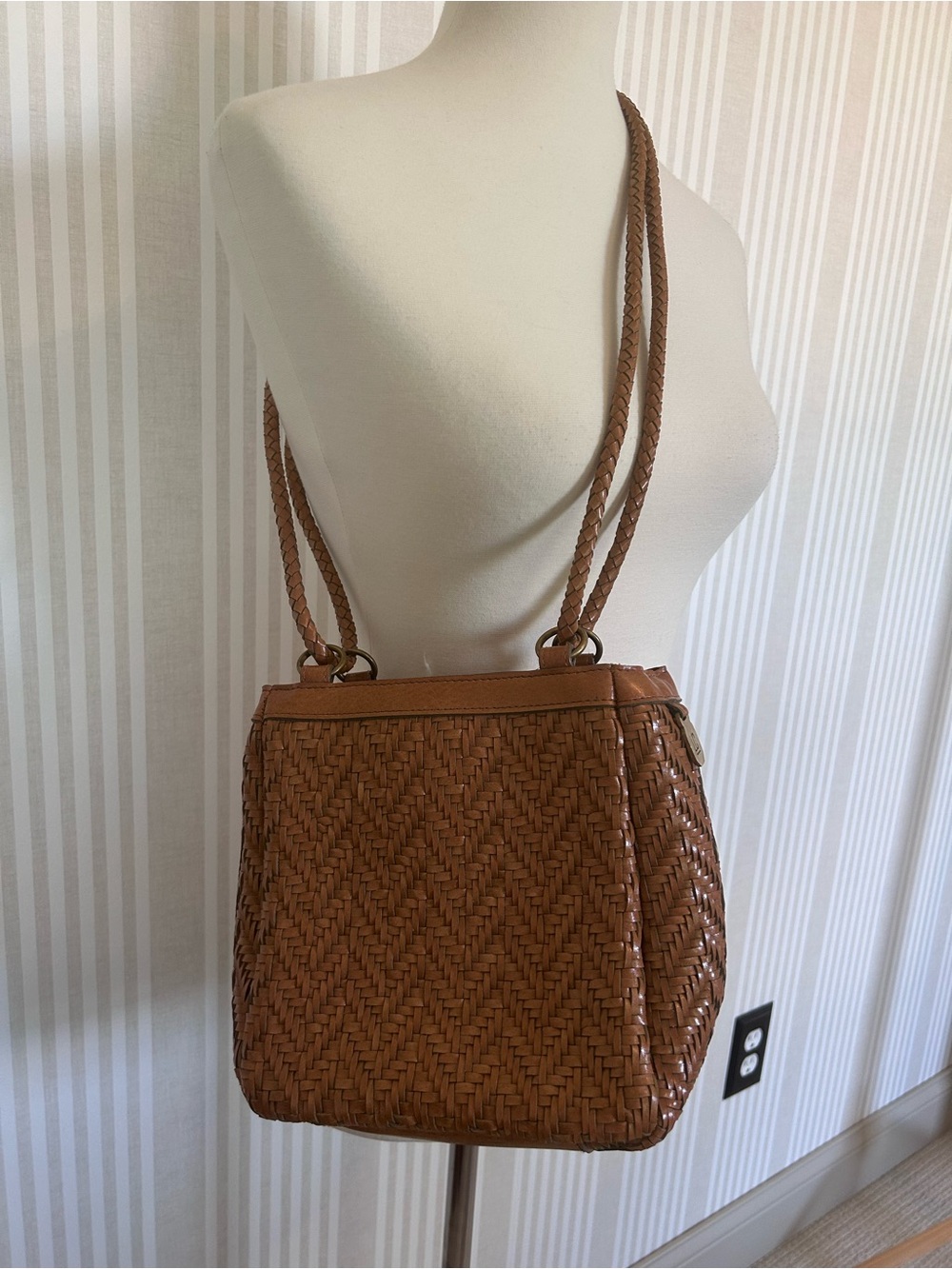 Vintage Liz Claiborne Weave Bucket Bag Brown Woven Leather Purse - Picture 10 of 11